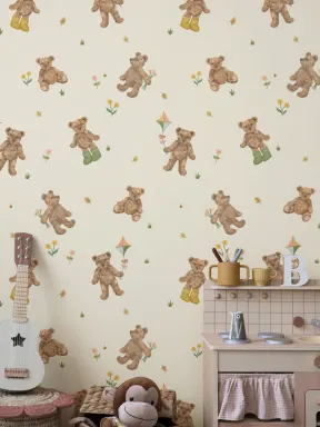 Papier peint Motif ours en peluche beige pour enfants