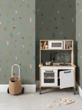 Kids Green Woodland Birds, Mushroom & Leaves papier peint panoramique