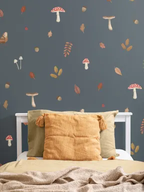 Mural infantil Pájaros, setas y hojas del bosque azul