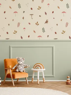 Kids Beige Woodland Birds, Mushroom & Leaves papier peint