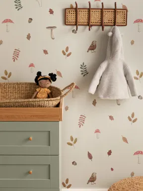 Kids Beige Woodland Birds, Mushroom & Leaves fototapet