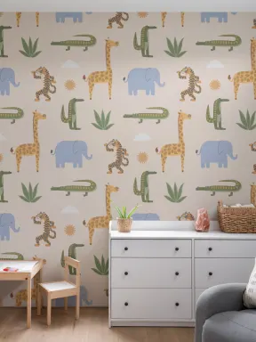 Beige Kinder Verspielt Dschungel Tiere Fototapete