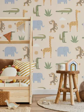 Mural infantil de animales de la jungla de color beige