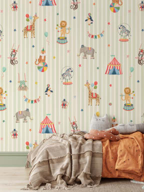 Papier peint panoramique des animaux du cirque à rayures vertes pour enfants