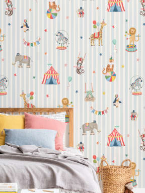 Papier peint panoramique des animaux du cirque à rayures bleues pour enfants