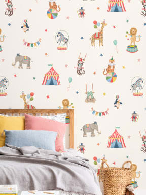 Mural infantil de animales de circo beige