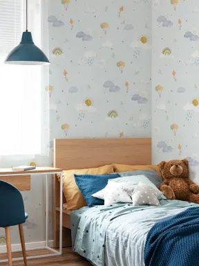 Vaaleansininen käsin piirretty aurinko, pilvet & sateenkaari tulostaa tapettin