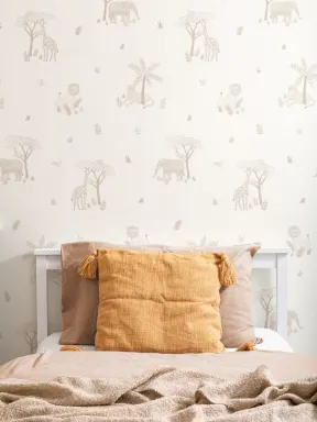 Neutral Illustrated Colorful Safari Animals Wallpaper