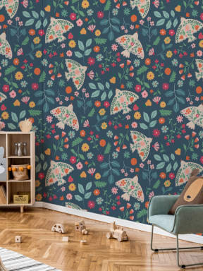 Papier peint scandinave bleu foncé à motifs d'oiseaux et de fleurs