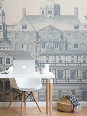 Klassisk arkitektonisk etsing av Jan Matthysz og Pieter Jansz Post i marineblått