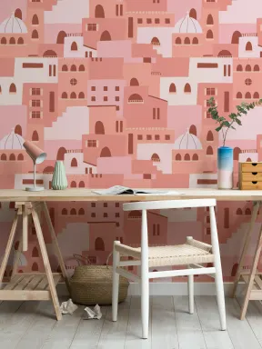 Papier Peint Rose avec Motif Maisons Italiennes