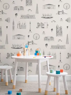 London City Landmarks Gray and White Repeat Pattern Wallpaper