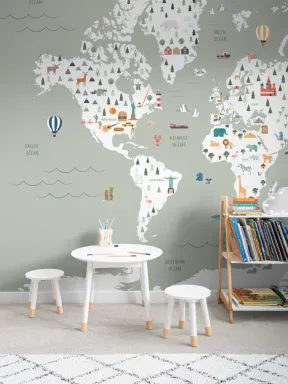 Papier Peint Panoramique Mappemonde Enfant avec Illustrations des Animaux et des Villes