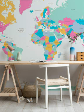 Heldere wereldkaart muurschildering