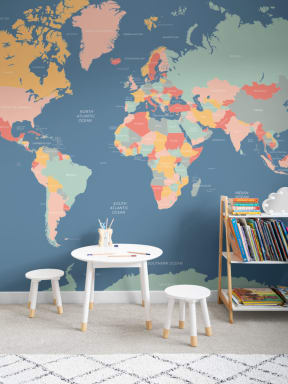 Papier peint panoramique de la carte du monde bleue