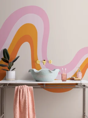 Papier Peint Panoramique Graphique Années 70 Orange et Rose