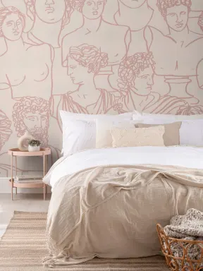 Dusty Pink Line Drawing Greek God Statue Pattern Wallpaper Mural