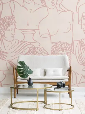 Papier Peint Panoramique Grec en Rose avec Statues des Dieux