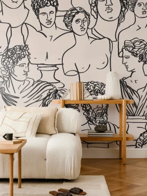 Papier Peint Panoramique Grec avec Statues des Dieux et Contours Noirs