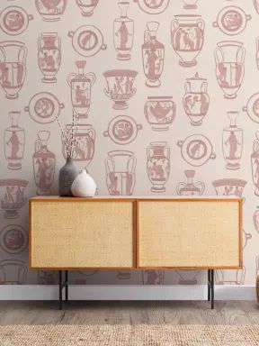 Papier Peint Panoramique Rose à Motifs de Vases Grecs