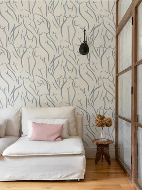 Papier peint motif femme nue en bleu