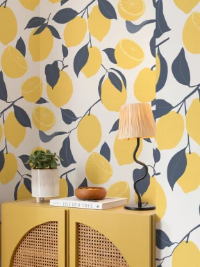 Papier Peint Motif Citron Jaune sur Fond Clair