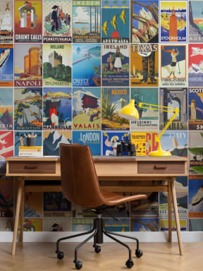 Fototapeta z plakatem podróżniczym w stylu vintage