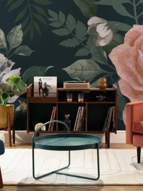 Papier Peint Panoramique Floral Vert Foncé et Rose