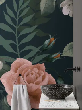 Donkergroen & Roze Bloemen Behang Muurschildering