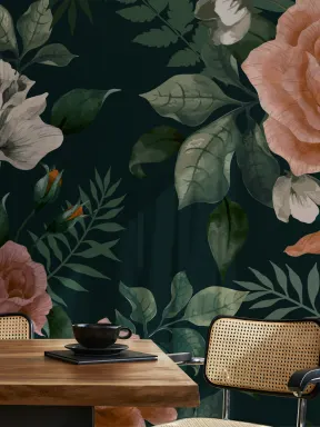 Fototapete Dunkelfarbene Blumen Grün-Rosa