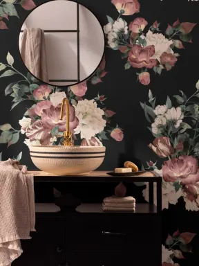 Papier peint panoramique vintage rose, crème et noir