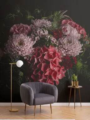 Papier Peint Panoramique Fleuri aux Pivoines Hortensias et Chrysanthèmes sur Fond Noir