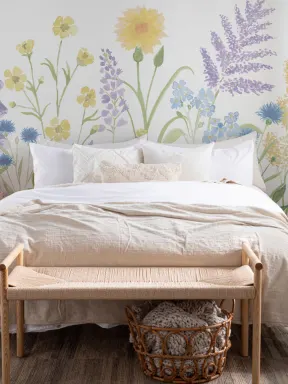 Bright Lilac & Green Watercolor Wildflower Wallpaper Mural