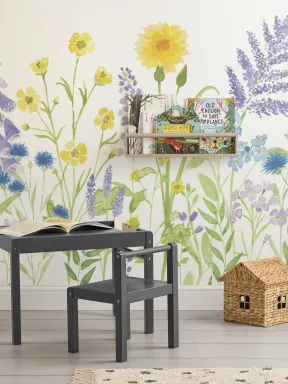 Bright Lilac & Green Watercolor Wildflower Wallpaper Mural