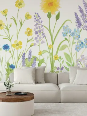 Papier Peint Panoramique Fleurs des Champs Jaunes et Lilas à l’Aquarelle
