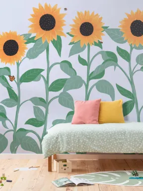 Mural Papel Pintado Ilustrado con Girasoles y Mariposas