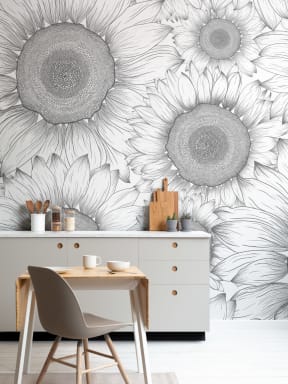 Papier Peint Panoramique Illustré aux Tournesols en Noir et Blanc