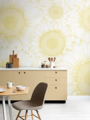 Papier Peint Panoramique avec Corolles Jaunes de Tournesol à l’Eau Forte