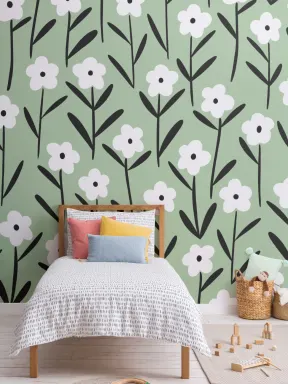 Valkoinen & Vihreä Retro Floral kuvatapetti