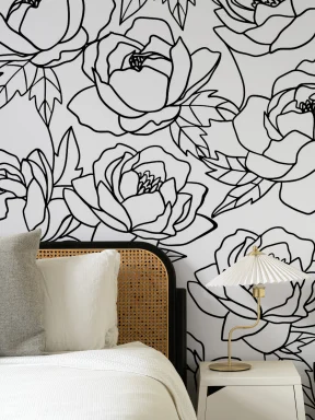 Zwart-wit lijntekening bloemenpatroon behang muurschildering