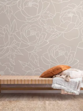 Neutral Line Drawing Floral Pattern Wallpaper Mural
