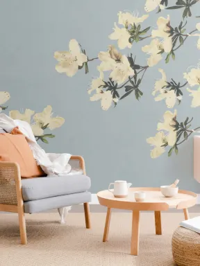 Vintage Cream & Blue Japanese Floral Wallpaper Mural