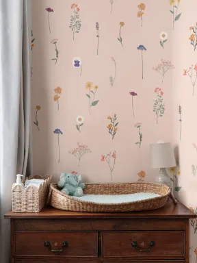 Papel Pintado Motivos de Flores Prensadas sobre Fondo Crema