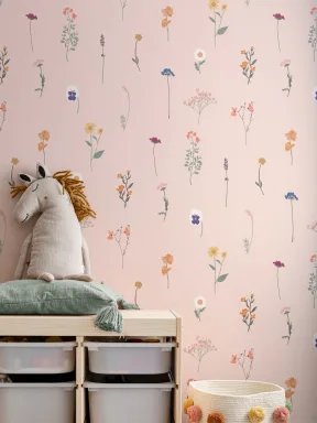 Papier Peint Motif de Fleurs Pressées sur Fond Rose