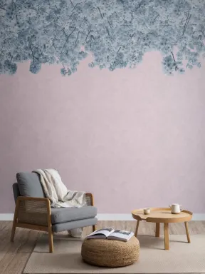 Papier Peint Panoramique avec Fleurs de Cerisier Bleu et Rose