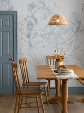 Blue Large Illustrated Roses Wallpaper Mural