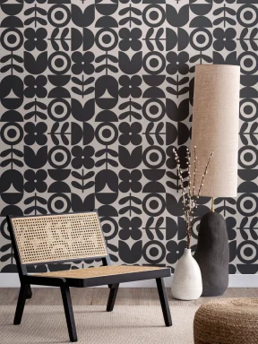Mustertapete Rapport Geometrische Retro-Blumen Schwarz