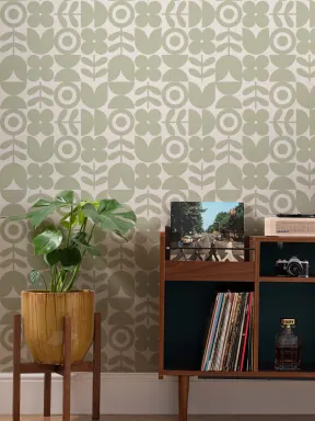 Papier Peint Rétro Vert à Motifs Géométriques et Fleuris