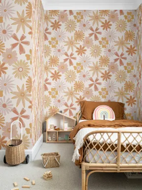 Papier Peint Rétro Orange à Motif Fleuri des Années 70