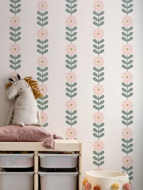 Papier Peint Rétro à Motifs de Marguerites en Rose et Vert